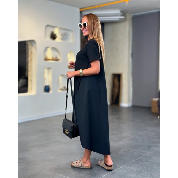 Kadın Kısa Kollu Bisiklet Yaka Asimetrik Kesim ön Viskon Arkası Trikoton Elbise