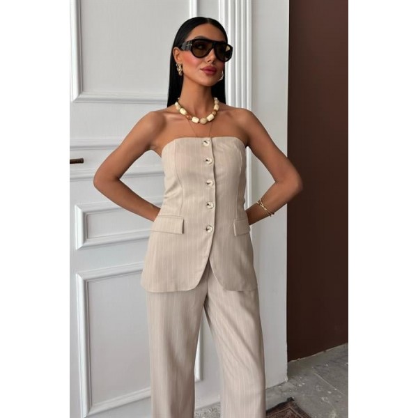 Straplez Büstiyerli Plazzo Pantolonlu Çizgili Takım 10151