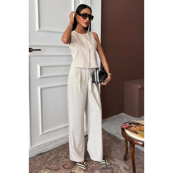 Yelek Plazzo Pantolon Çizgili Flamlı Poliviscon Takım 10178