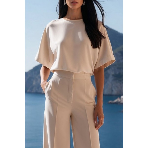 Kadın Kısa Kollu Bisiklet Yaka Bluz Yüksek Bel Cep Detaylı Pantolon Atlas Ikili Takım