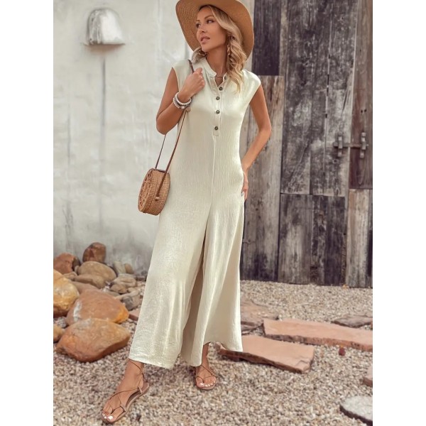 Kadın Kısa Kollu önden Düğmeli Paçaya Doğru Geniş Cepli Uzun Bürümcük Tulum