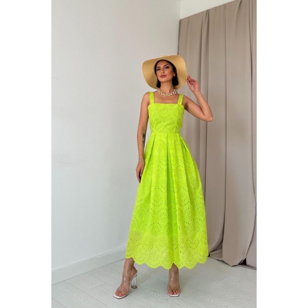 Yağ Yeşili Askılı Aparatlı Brode Elbise