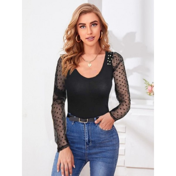 Kadın Uzun Kollu Omuz Inci Kollar Tül Detay Viskon Bluz