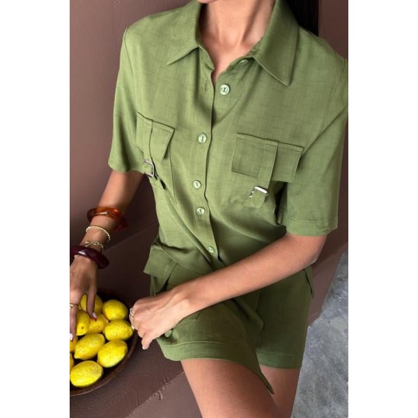 Gömlek Şort Etek Viscon Keten Takım 10162