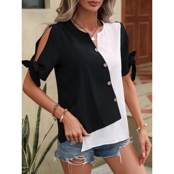 Kadın Kısa Kollu Kollardan Bağlamalı önden Asimetrik Kesim çift Renk Detaylı Düğmeli Ithal Krep Bluz