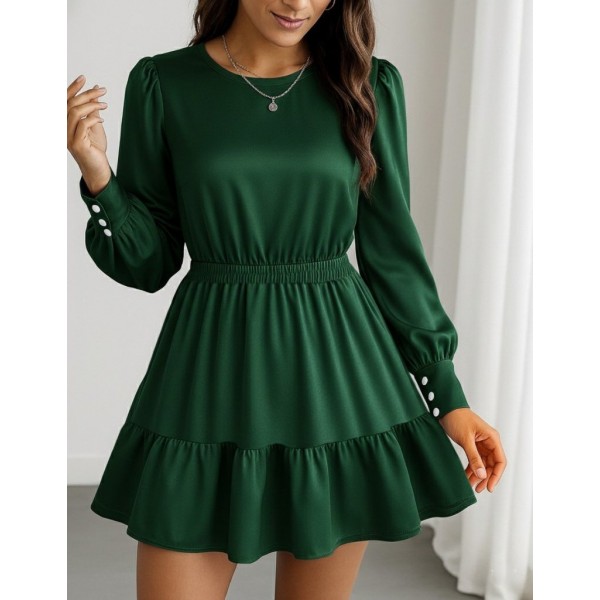 Kadın Uzun Kollu Bisiklet Yaka Beli Lastikli Fırfırlı Ithal Krep Elbise