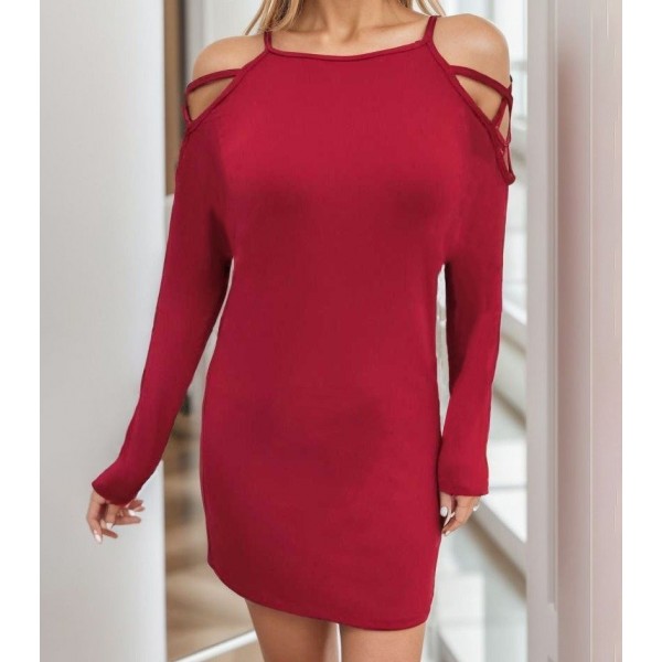 Kadın Uzun Kollu Omuz Açık Askı Detay Viskon Mini Boy Elbise