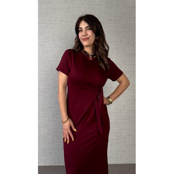 Kadın Kısa Kollu Bisiklet Yaka Yandan Bağlamalı Viskon Iki Iplik Elbise