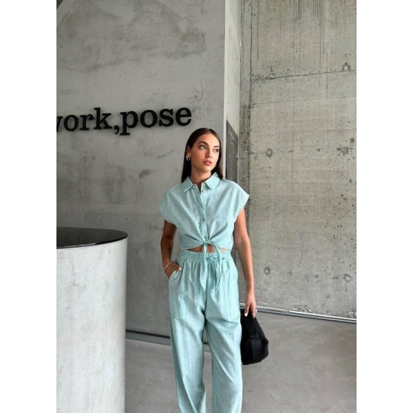 ÇİZGİLİ KETEN KOLSUZ CROP PANTOLON TAKIM - Yeşil