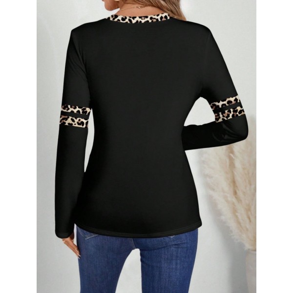 Kadın Uzun Kollu V Yakalı Leopar Desenli Viskon Iki Iplik Bluz