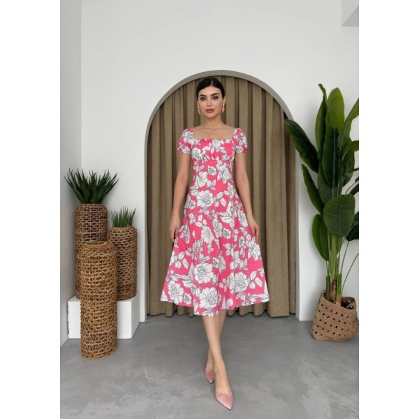 Kare Yaka Çiçekli Elbise