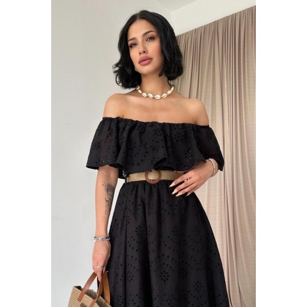 Siyah Omzu Lastikli Brode Elbise