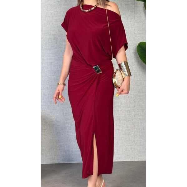 Kadın Kısa Kollu Tek Omuzdan Açık Beli Lastikli Sandy Maxi Elbise