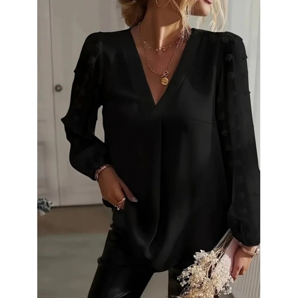 Kadın Uzun Kollu V Yakalı Kolları Popon Detaylı Sandy Bluz