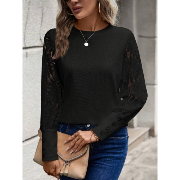 Kadın Uzun Kollu Bisiklet Yaka Kolları çiçekli Waffle Bluz