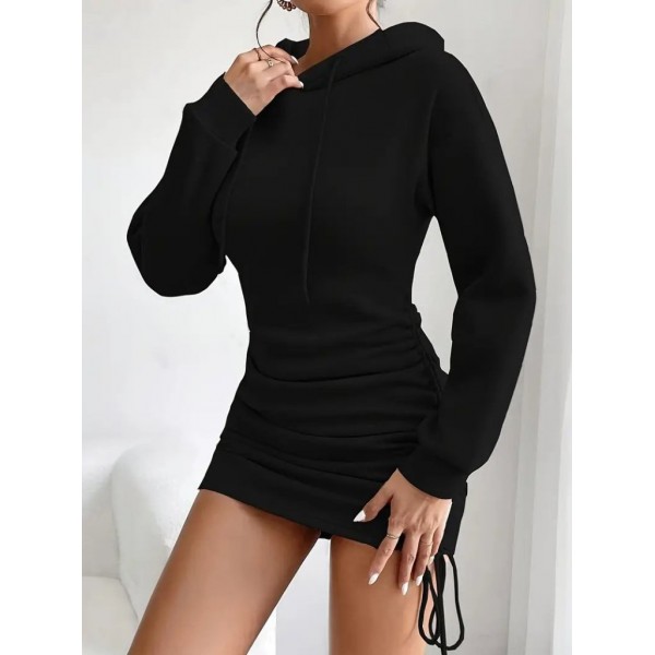 Kadın Uzun Kollu Kapşonlu Yandan Büzgülü Mini Viskon Iki Iplik Elbise