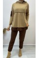 Kadın Kahve Kapşonlu Etek Ucu Detay Arma Ters Dikiş Gorunumlu Ikili Takım