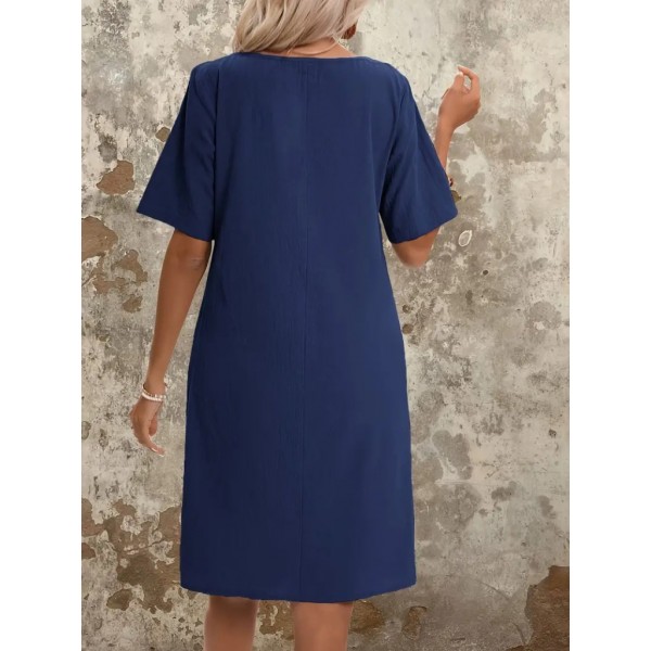 Kadın Kısa Kollu Yakası Açık önden Büzgülü Cep Detaylı Viskon Iki Iplik Elbise