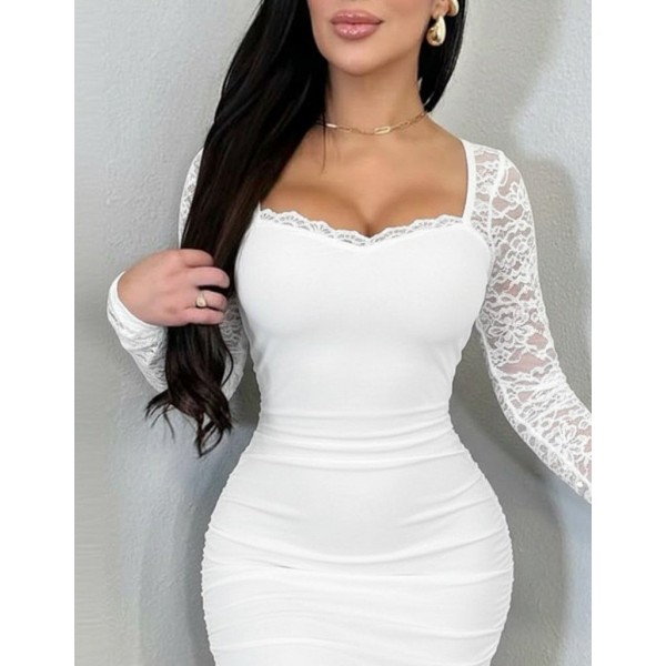 Kadın Uzun Kollu Dantelli Büzgü Detaylı Yırtmaçlı Midi Sandy Elbise