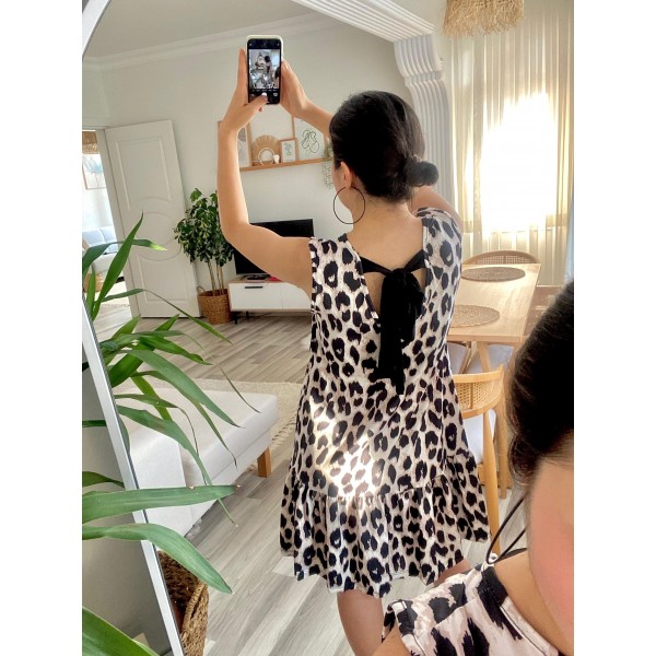 Kadın Kolsuz Sırttan Bağlamalı Fırfırlı Leopar Desenli Süprem Elbise