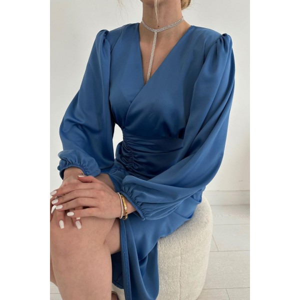 Mavi V Yaka Saten Elbise