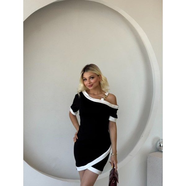 Kadın Kısa Kollu Asimetrik Kesim Yaka şerit Ve Aksesuar Detaylı Modal Elbise