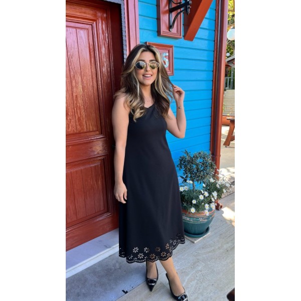 Kadın Kolsuz Etek Ucu Lazer Kesim çiçek Desenli Midi Boy Janjan Krep Elbise