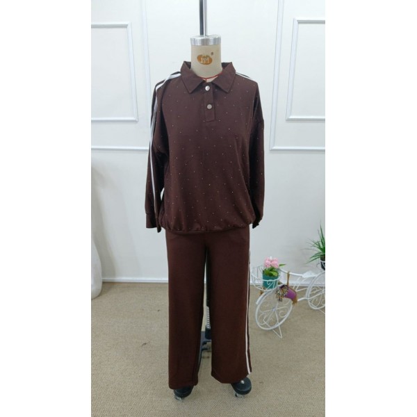 Kadın Uzun Kollu Yakalı şerit Detaylı Viskon Iki Iplik Bluz Ve Pantolon Ikili Takım