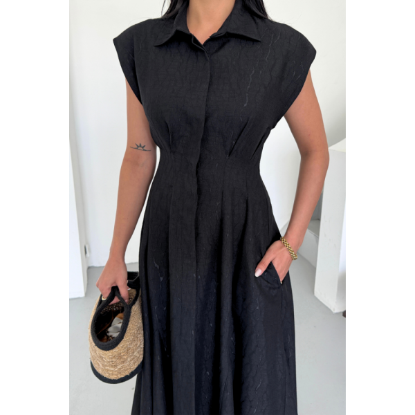 JAKARLI KETEN ELBİSE ÖNDEN YIRTMAÇLI CEPLİ - Siyah