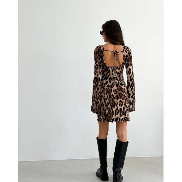 Kadın Uzun Kollu Sırtı Açık Bağlamalı Leopar Desenli Kısa Dalgıç Elbise