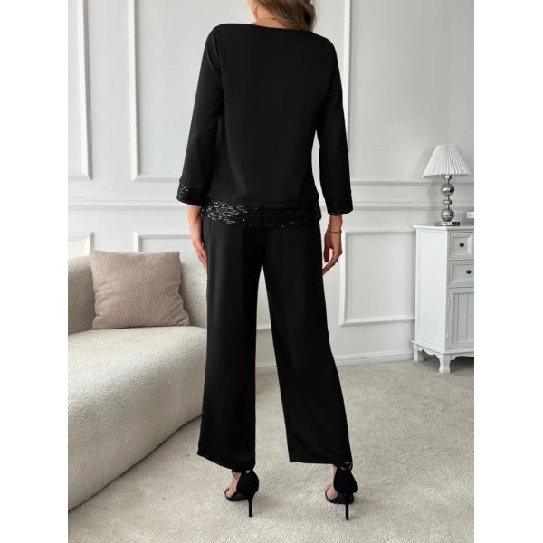 Kadın Uzun Kollu Bisiklet Yaka Pulpayetli Viskon Iki Iplik Bluz Ve Pantolon Ikili Takım