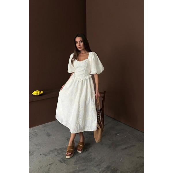 Ekru Balon Kollu Dantelli Brode Elbise