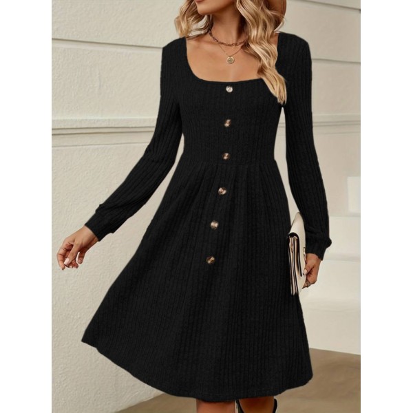 Kadın Uzun Kollu Kare Yaka Düğmeli Kısa şardonlu Iki Iplik Mini Elbise