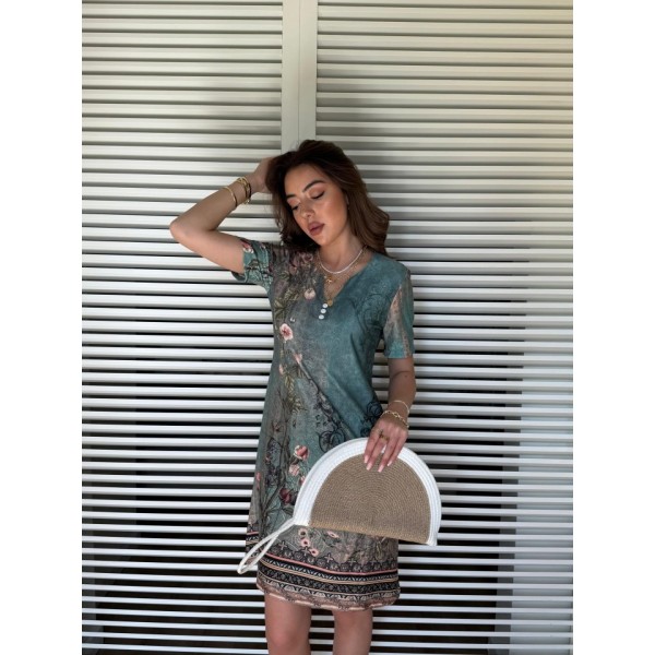 Kadın Kısa Kollu V Yakalı çiçek Baskılı Midi Süprem Elbise