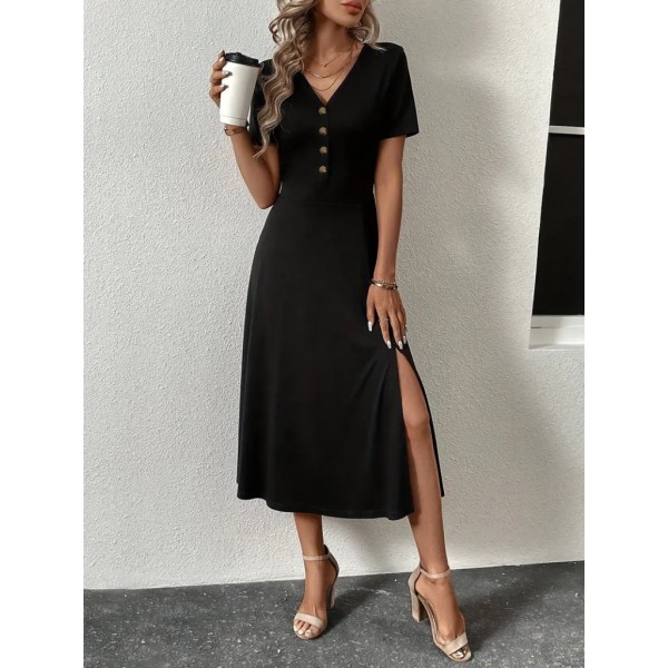 Kadın Kısa Kollu V Yakalı önden Düğmeli Yırtmaçlı Midi Viskon Elbise