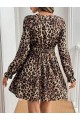Kadın Uzun Kollu V Dantel Yakalı Leopar Desenli Modal Mini Elbise
