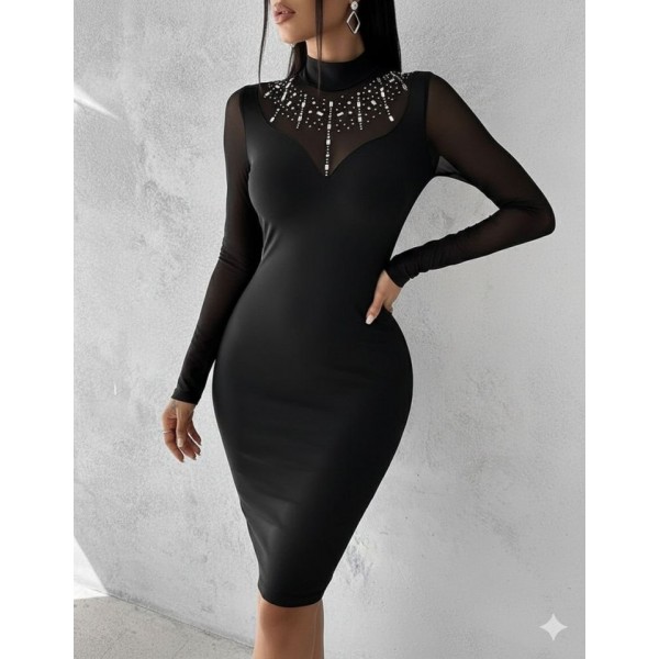 Kadın Balıkçı Yaka Dalgıç Kumaş Taş Ve Transparan Detaydiz üstü Elbise