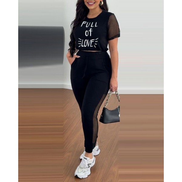 Kadın Kısa Kollu Bisiklet Yaka File Detaylı Viskon Iki Iplik Krop Ve Eşofman Altı Ikili Takım