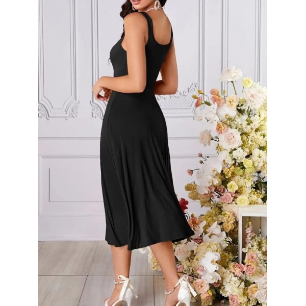 Kadın Askılı Geometrik Yakalı Geniş Kesim Detaylı Ithal Krep Elbise