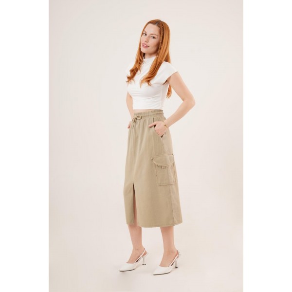 Ön Yırtmaçlı Cep Detaylı Haki Etek
