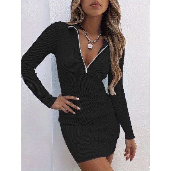 Kadın Uzun Kollu önden Fermuarlı Mini Kaşkorse Elbise