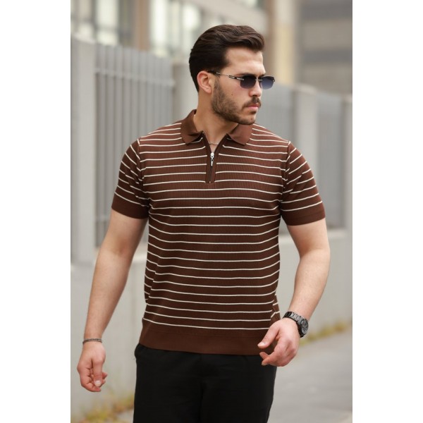 Erkek Fermuar Yakalı çizgili Kısa Kollu T-shirt