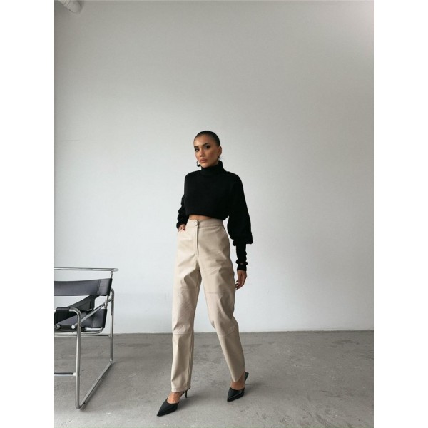 DERİ PANTOLON DİZ PARÇALI - Taş