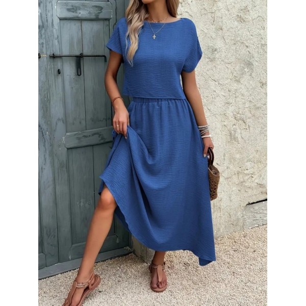 Kadın Kısa Kollu Bisiklet Yaka Bluz Etekli Ithal Keten Ikili Takım