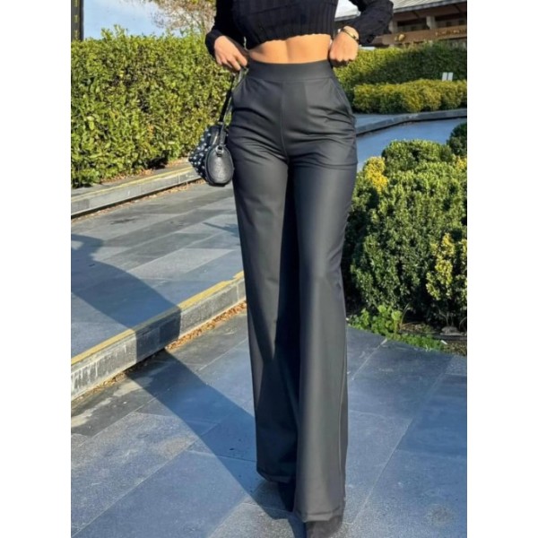 Kadın Yüksek Bel Cepli şardonlu Geniş Paçalı Mat Deri Pantolon