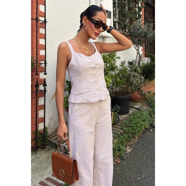 Kalın Askılı Bluz Pantolon Keten Takım 10187