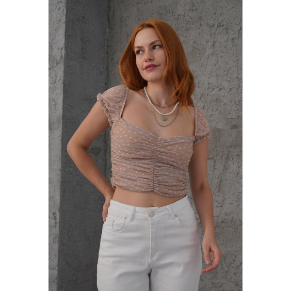 Puantiyeli Belden Oturtmalı Tül Krem Bluz