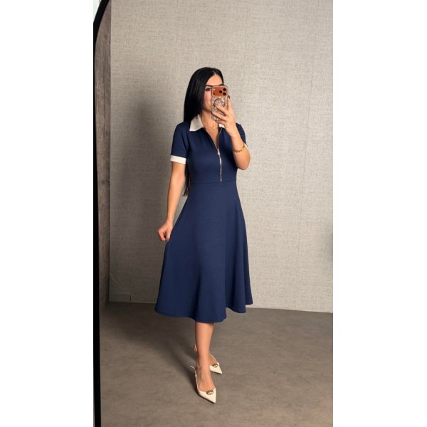Kadın Polo Yaka Fermuar Detaylı Modal Midi Elbise