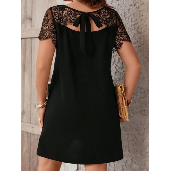 Kadın Kısa Kollu Dantel Bisiklet Yaka Ve Kol Dantel Detaylı Janjan Krep Elbise