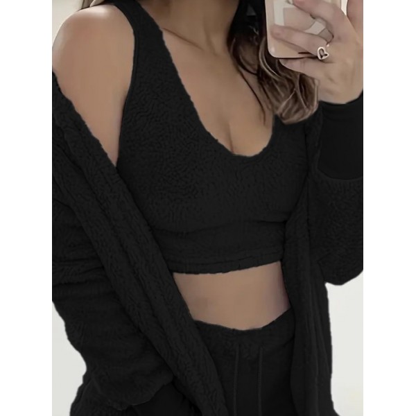 Kadın Uzun Kollu Ceket, Askılı Peluş Bluz Ve şort üçlü Takım